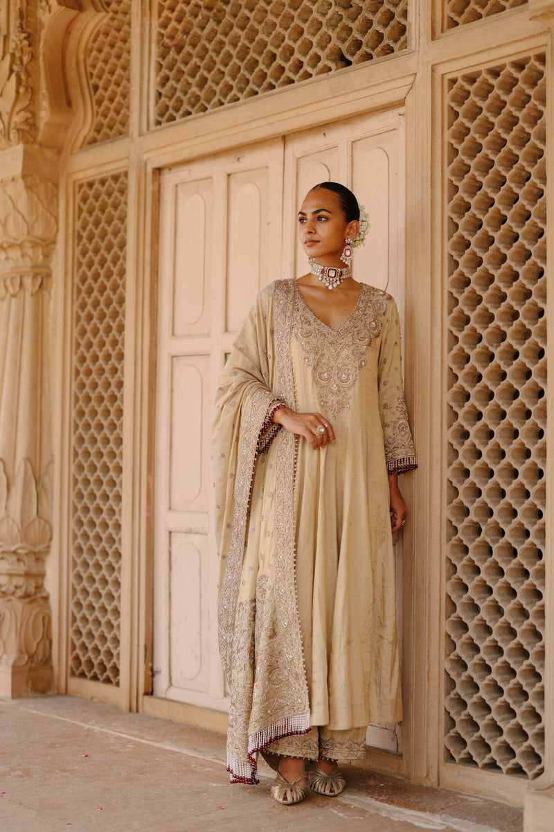 Rooh-Gold Tissue Long Kalidaar Anarkali Set With Palazzo And Dupatta silk tissue kurta/kurta set by SHEETAL BATRA in yellow for women in Singapore