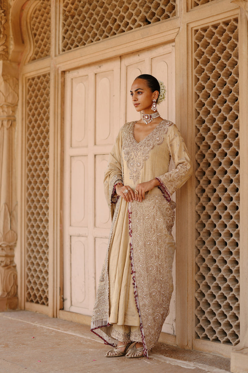 Rooh-Gold Tissue Long Kalidaar Anarkali Set With Palazzo And Dupatta silk tissue kurta/kurta set by SHEETAL BATRA in yellow for women in Singapore