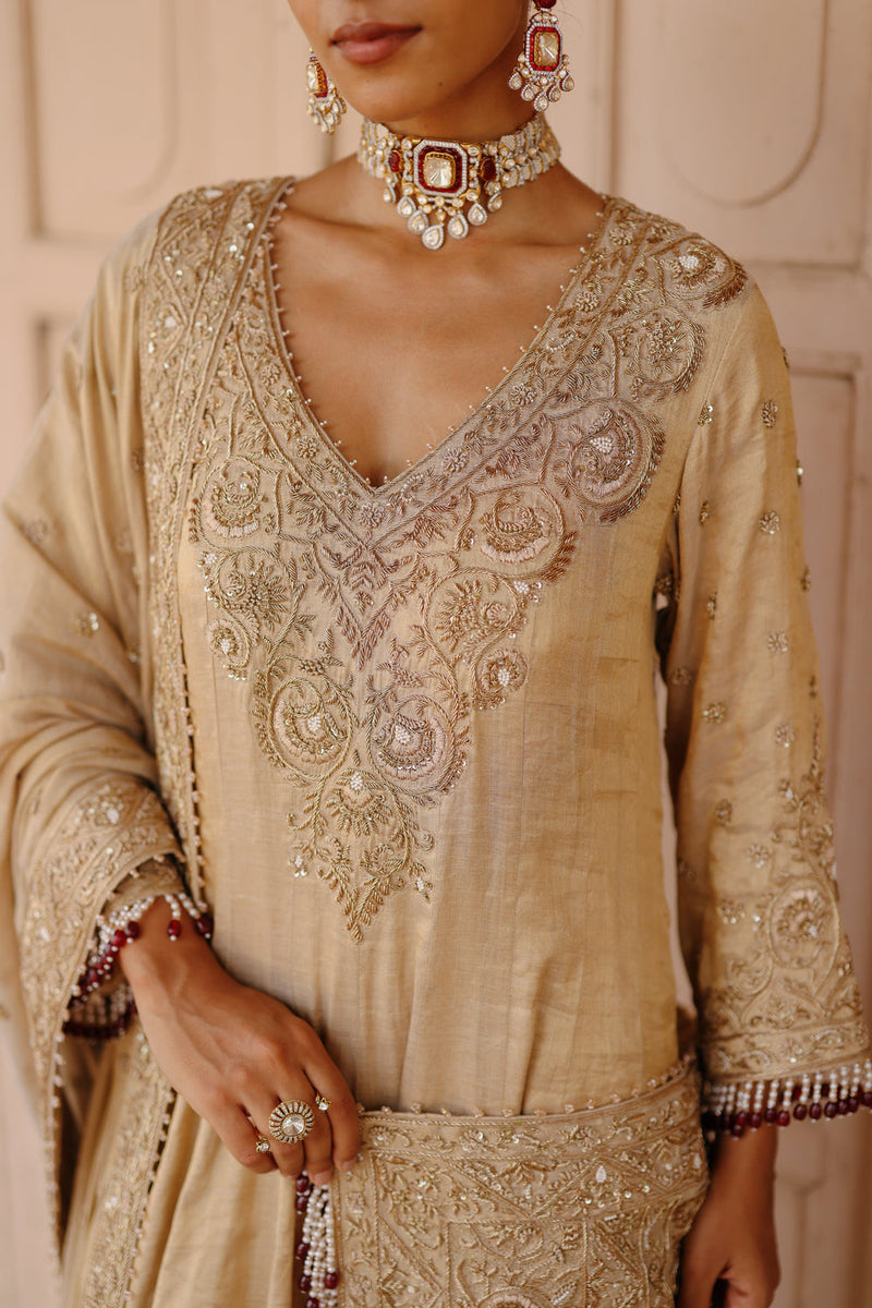 Rooh-Gold Tissue Long Kalidaar Anarkali Set With Palazzo And Dupatta silk tissue kurta/kurta set by SHEETAL BATRA in yellow for women in Singapore