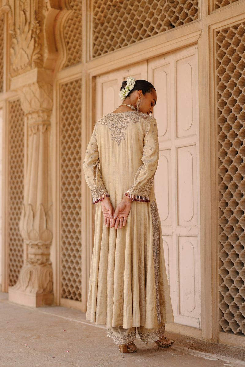 Rooh-Gold Tissue Long Kalidaar Anarkali Set With Palazzo And Dupatta silk tissue kurta/kurta set by SHEETAL BATRA in yellow for women in Singapore