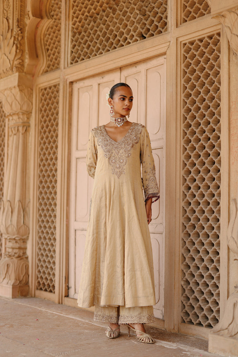 Rooh-Gold Tissue Long Kalidaar Anarkali Set With Palazzo And Dupatta silk tissue kurta/kurta set by SHEETAL BATRA in yellow for women in Singapore