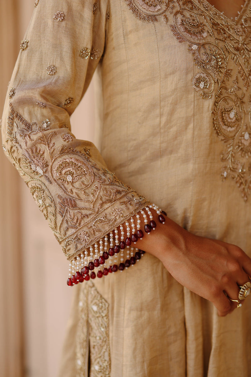 Rooh-Gold Tissue Long Kalidaar Anarkali Set With Palazzo And Dupatta silk tissue kurta/kurta set by SHEETAL BATRA in yellow for women in Singapore