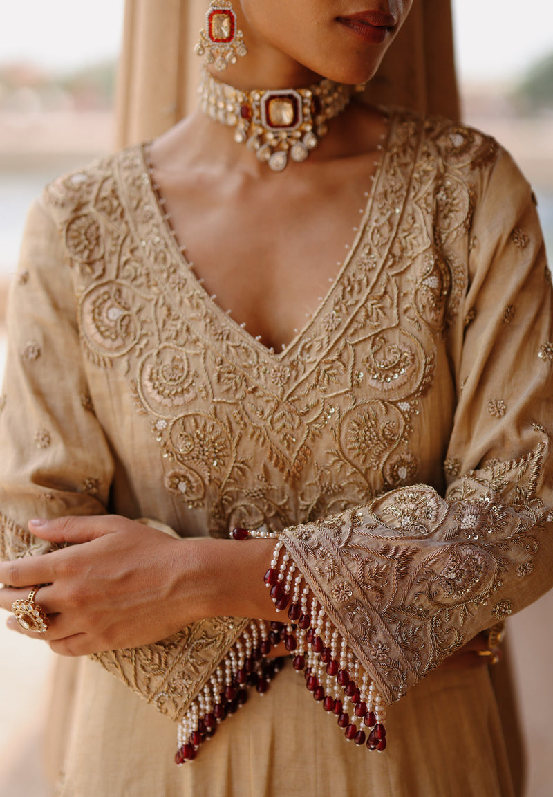 Rooh-Gold Tissue Long Kalidaar Anarkali Set With Palazzo And Dupatta silk tissue kurta/kurta set by SHEETAL BATRA in yellow for women in Singapore
