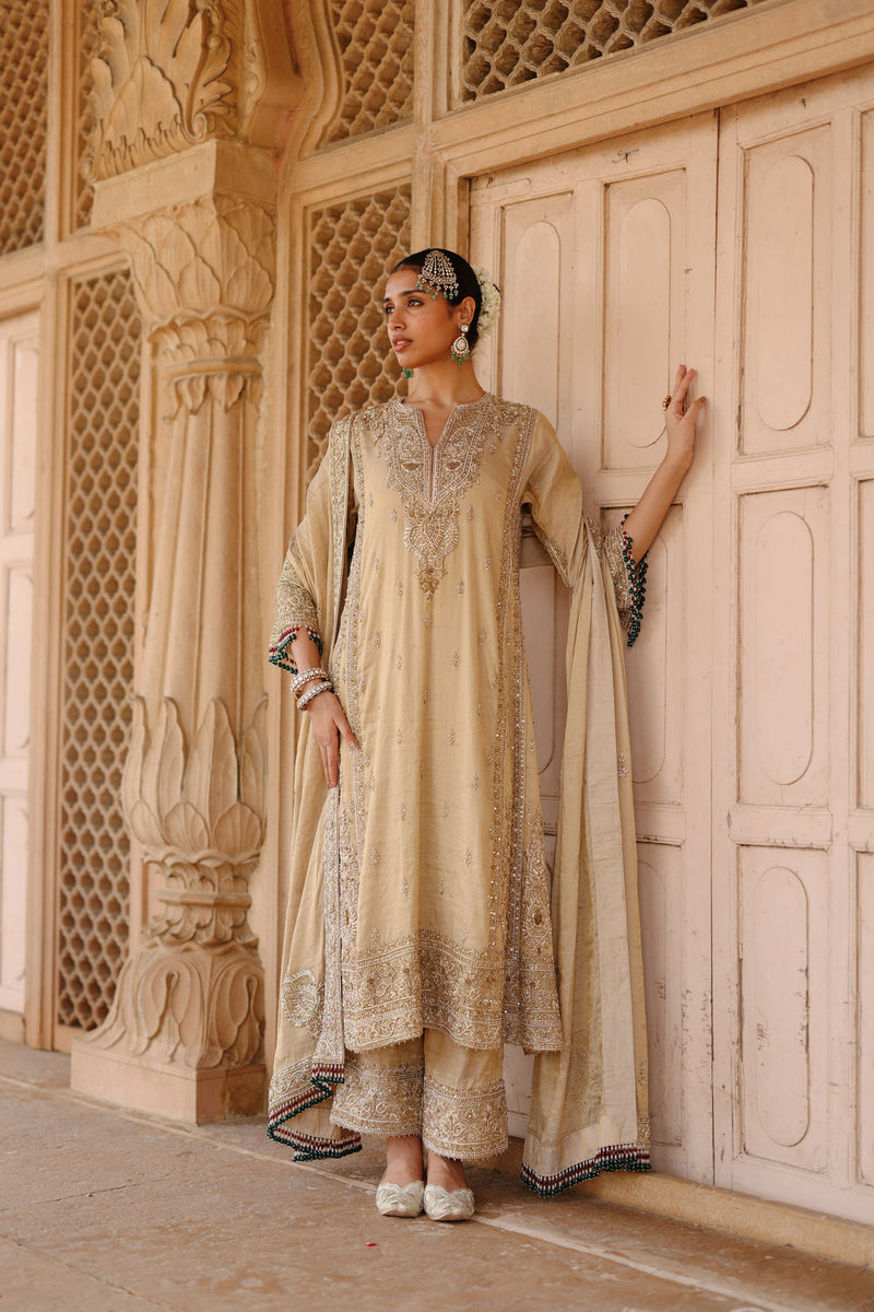 Nazaara-Gold Tissue Long Kalidaar Chauga Set With Palazzo And Dupatta silk tissue kurta/kurta set by SHEETAL BATRA in yellow for women in Singapore