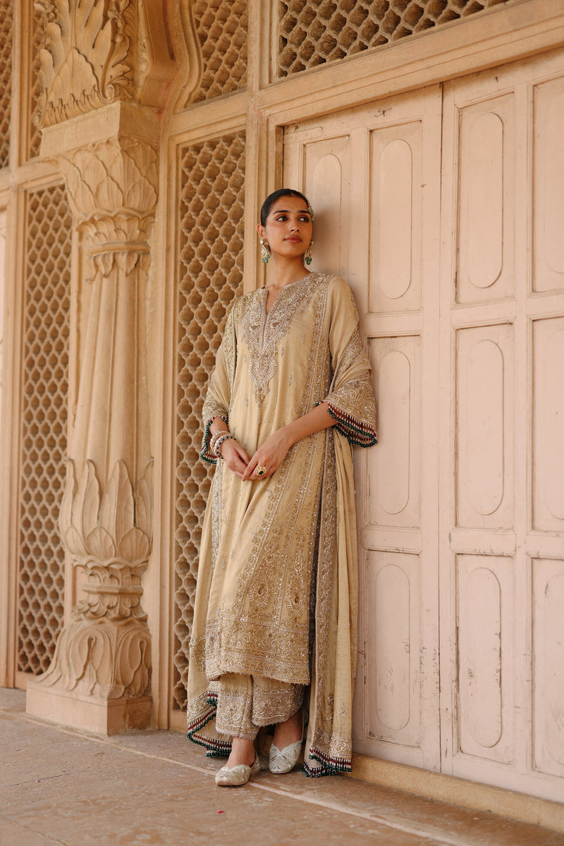 Nazaara-Gold Tissue Long Kalidaar Chauga Set With Palazzo And Dupatta silk tissue kurta/kurta set by SHEETAL BATRA in yellow for women in Singapore
