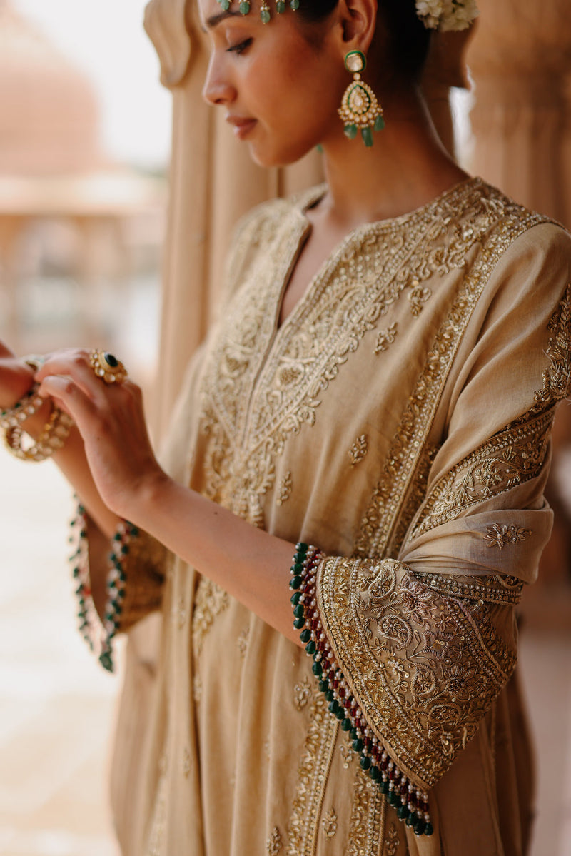 Nazaara-Gold Tissue Long Kalidaar Chauga Set With Palazzo And Dupatta silk tissue kurta/kurta set by SHEETAL BATRA in yellow for women in Singapore