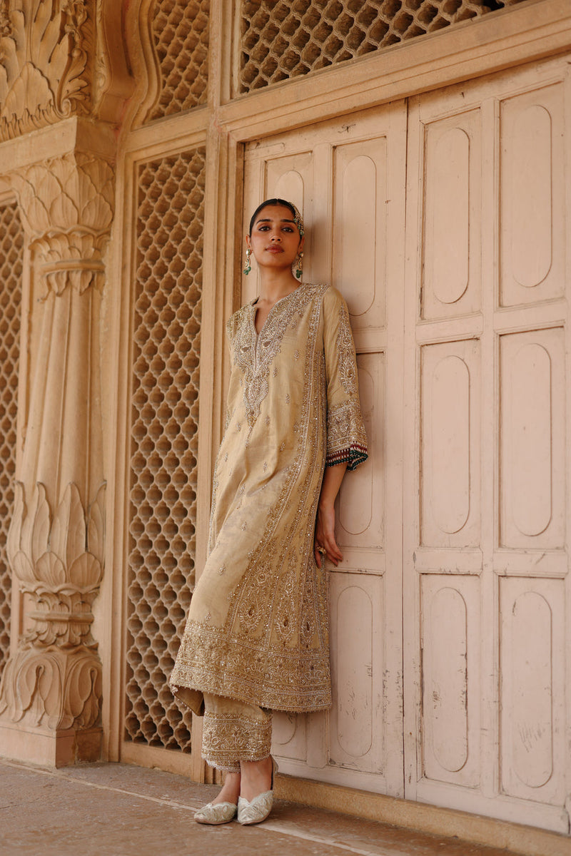 Nazaara-Gold Tissue Long Kalidaar Chauga Set With Palazzo And Dupatta silk tissue kurta/kurta set by SHEETAL BATRA in yellow for women in Singapore