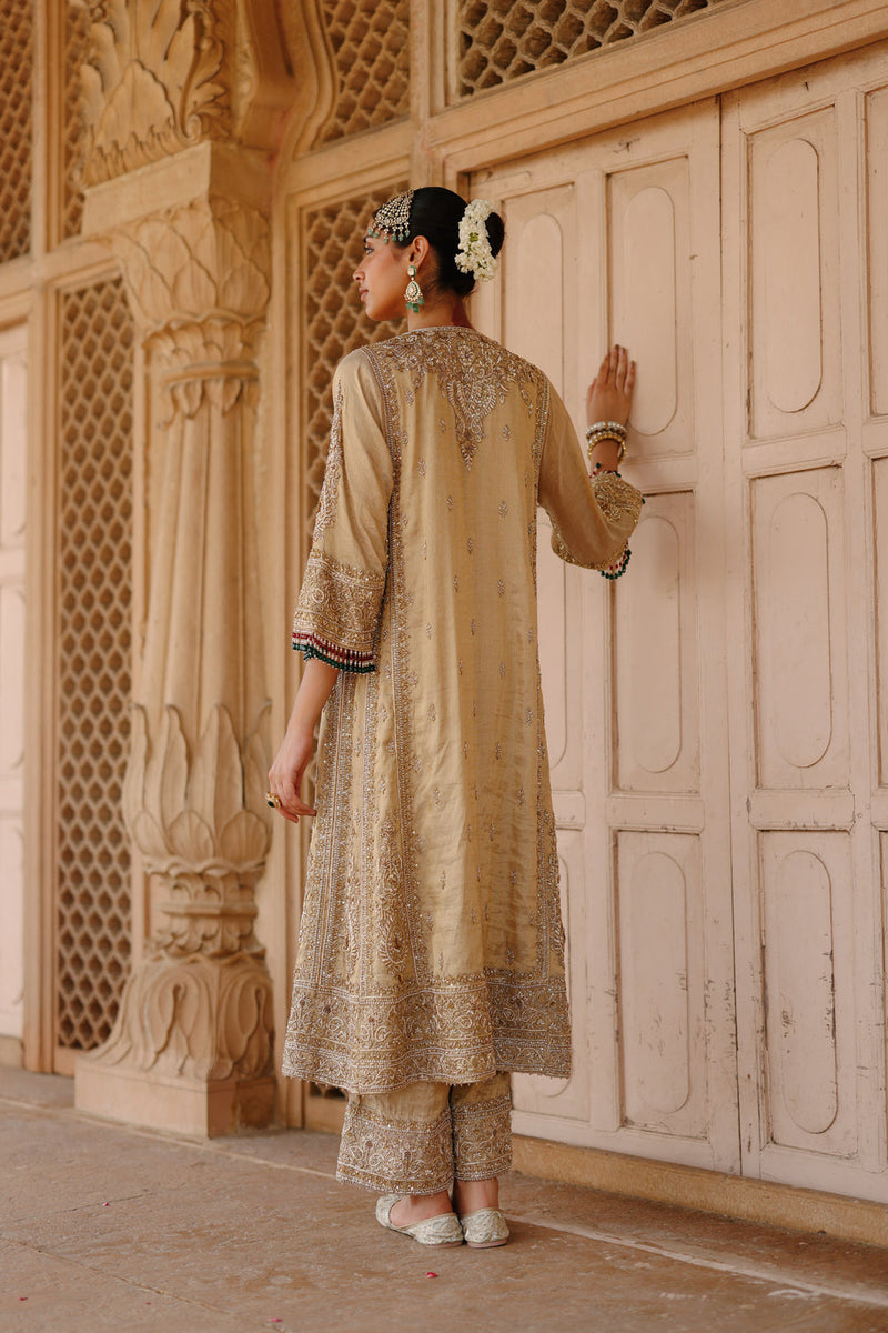 Nazaara-Gold Tissue Long Kalidaar Chauga Set With Palazzo And Dupatta silk tissue kurta/kurta set by SHEETAL BATRA in yellow for women in Singapore