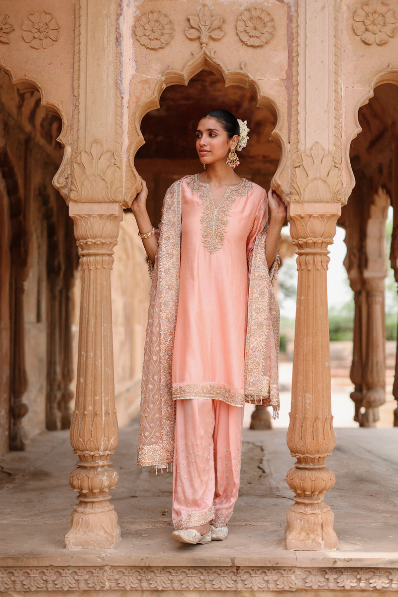 Maham-Pink Anarkali Set With Salwar And Dupatta silk chanderi, silk organza kurta/kurta set by SHEETAL BATRA in pink for women in Singapore