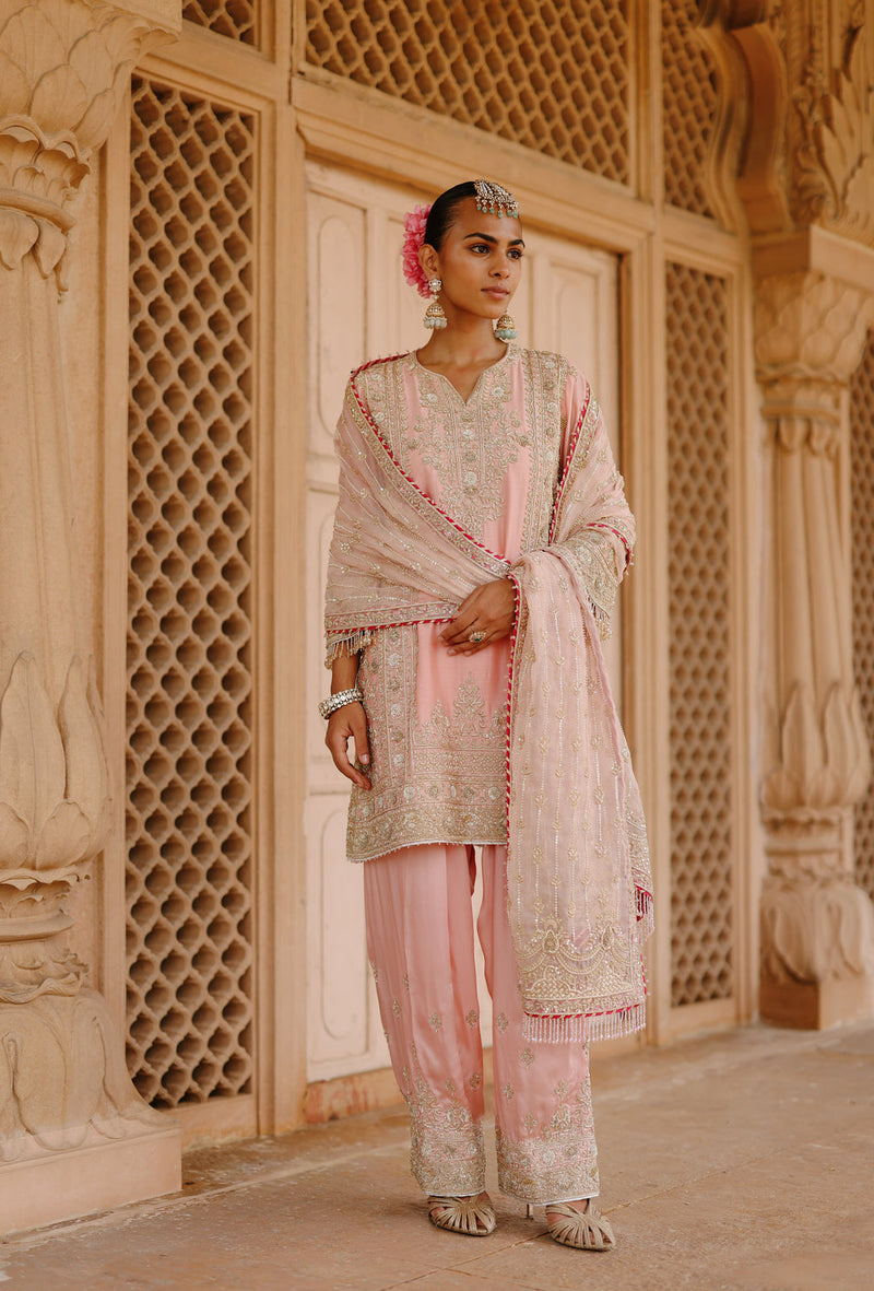 Elaya-Pink Short Kurta Set With Matching Salwar And Dupatta silk chanderi, silk organza kurta/kurta set by SHEETAL BATRA in pink for women in Singapore