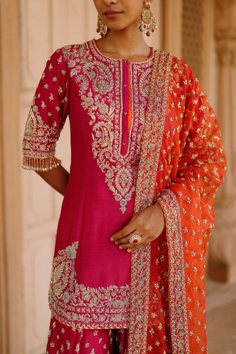 Maysam-Hot Pink Kurta Set With Sharara And Dupatta silk chanderi, silk organza kurta/kurta set by SHEETAL BATRA in pink, orange for women in Singapore