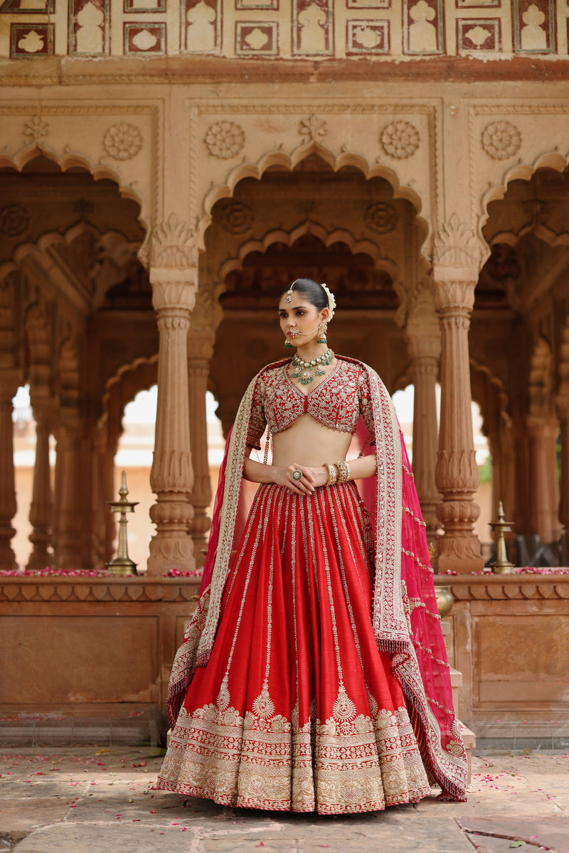 Roha-Deep Red Lehenga Set With Blouse And Dupatta raw silk, silk organza lehenga sets by SHEETAL BATRA in red with pink for women in Singapore