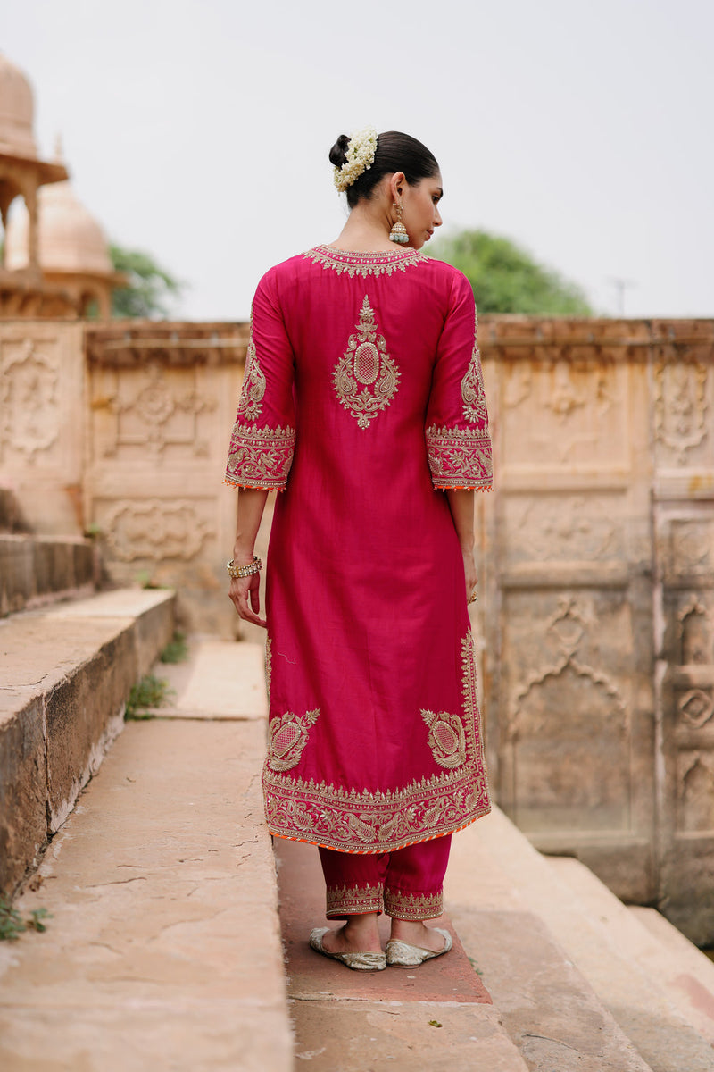 Arwa-Hot Pink Long Kurta Set With Salwar And Dupatta silk chanderi, silk organza kurta/kurta set by SHEETAL BATRA in pink for women in Singapore