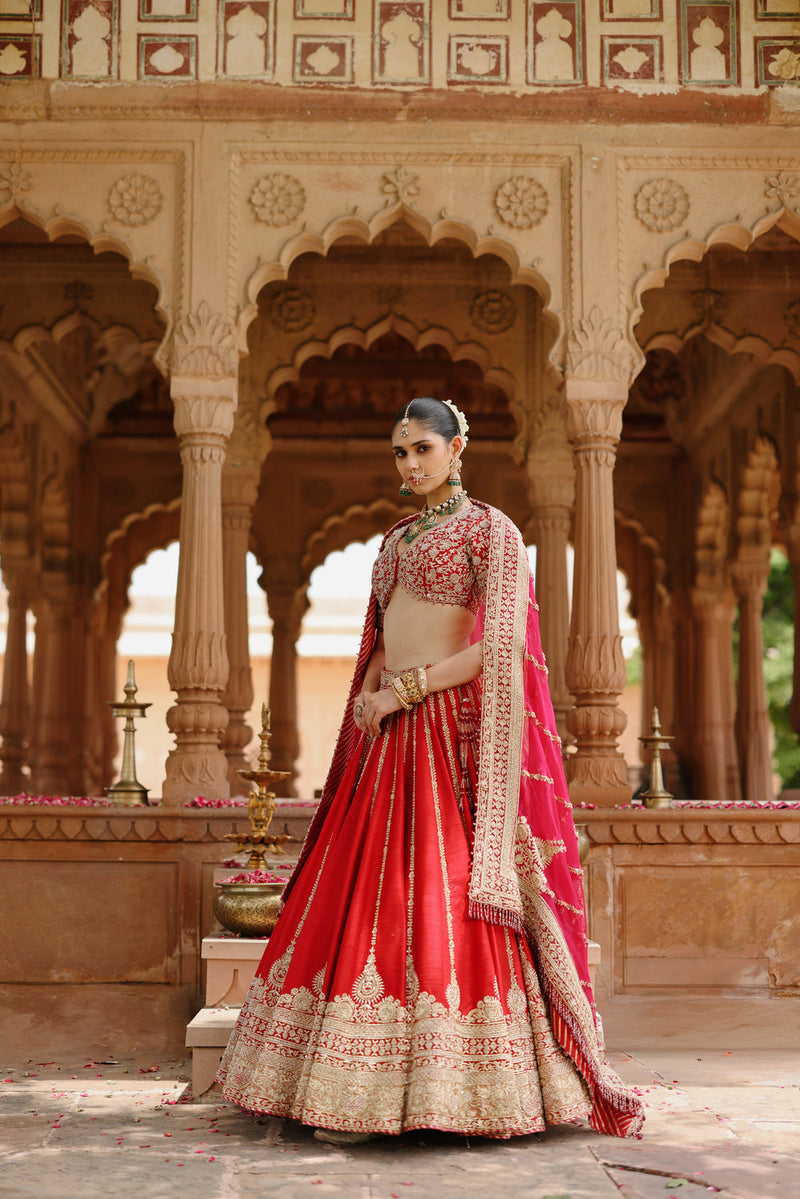Roha-Deep Red Lehenga Set With Blouse And Dupatta raw silk, silk organza lehenga sets by SHEETAL BATRA in red with pink for women in Singapore