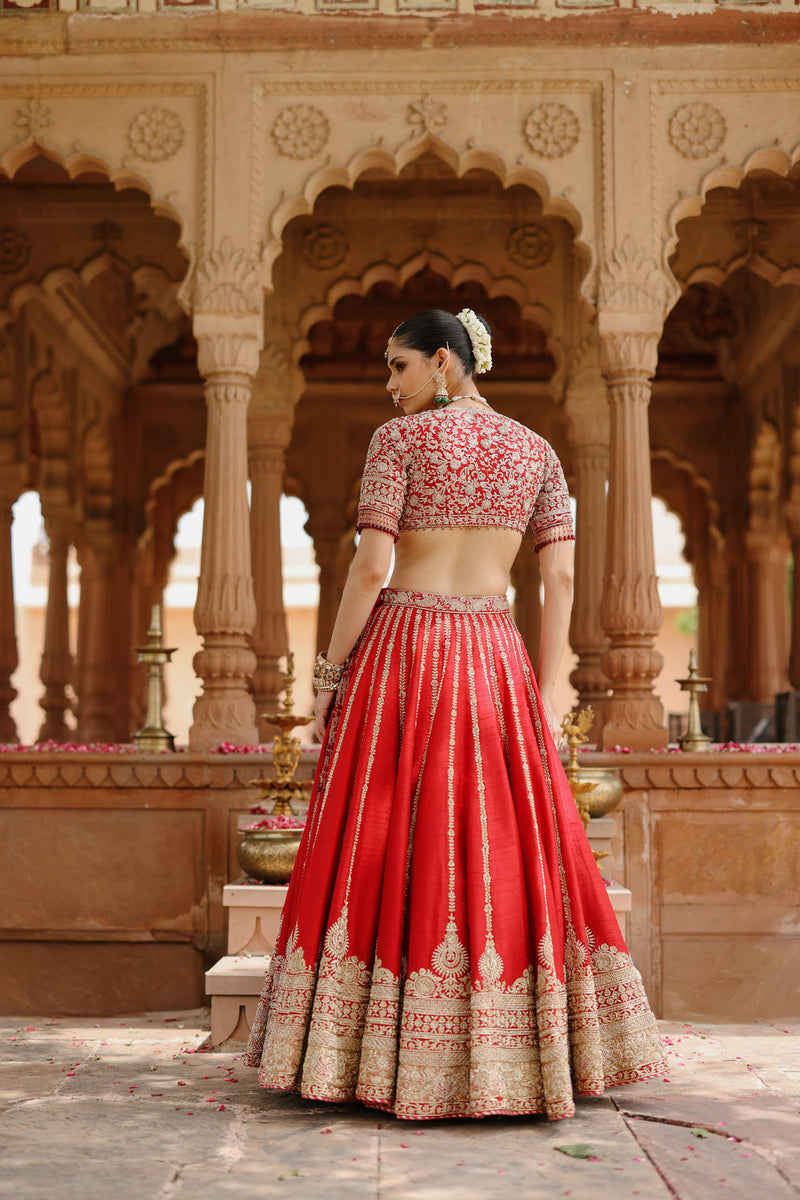 Roha-Deep Red Lehenga Set With Blouse And Dupatta raw silk, silk organza lehenga sets by SHEETAL BATRA in red with pink for women in Singapore