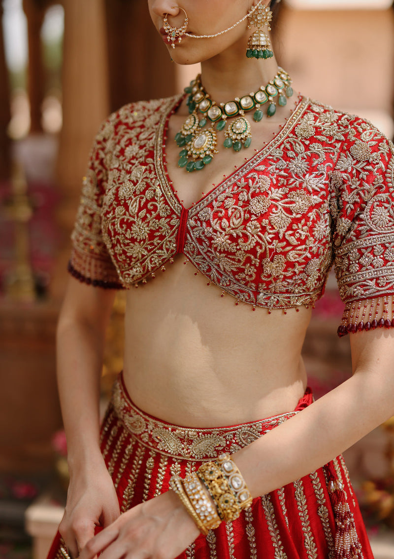 Roha-Deep Red Lehenga Set With Blouse And Dupatta raw silk, silk organza lehenga sets by SHEETAL BATRA in red with pink for women in Singapore