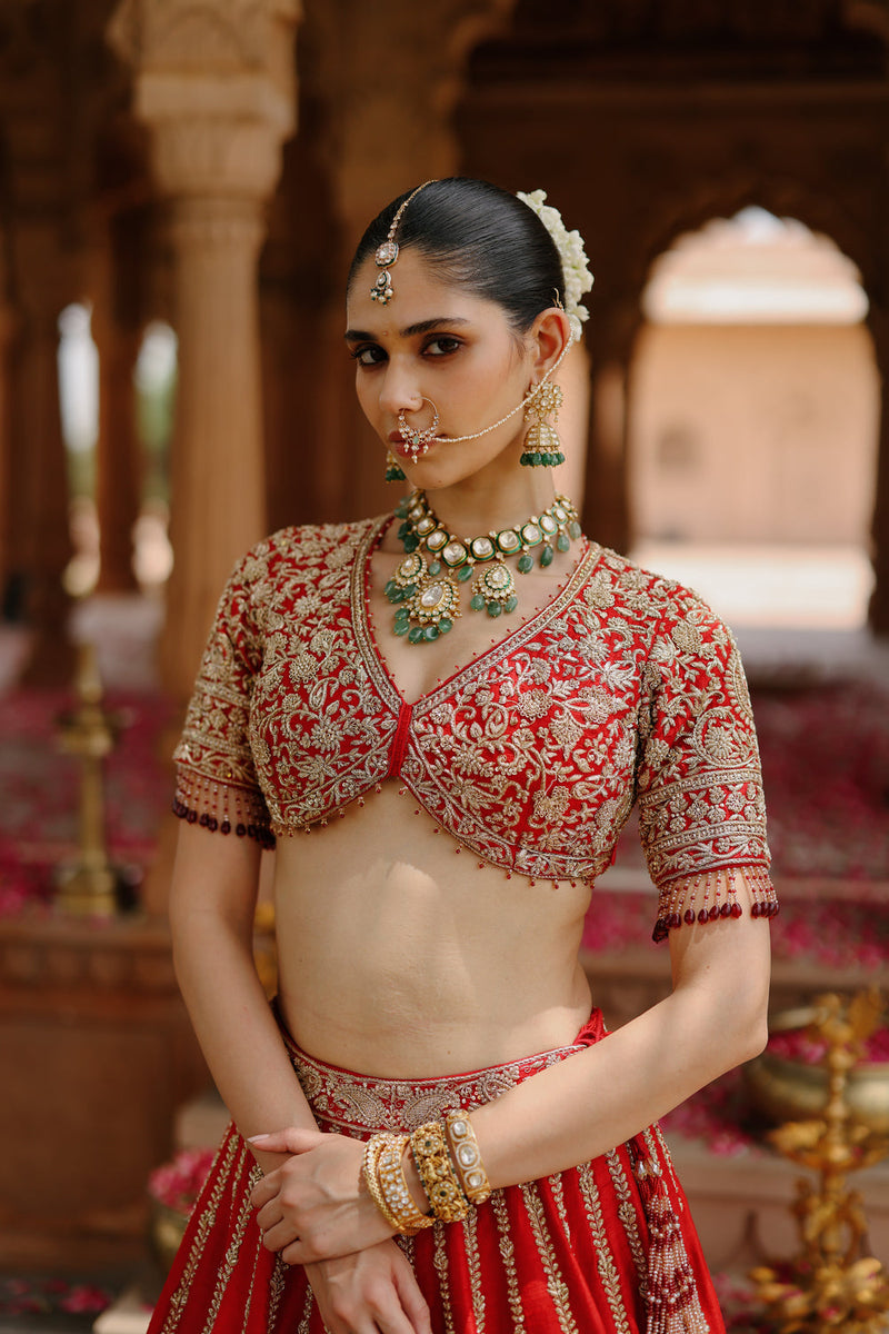 Roha-Deep Red Lehenga Set With Blouse And Dupatta raw silk, silk organza lehenga sets by SHEETAL BATRA in red with pink for women in Singapore