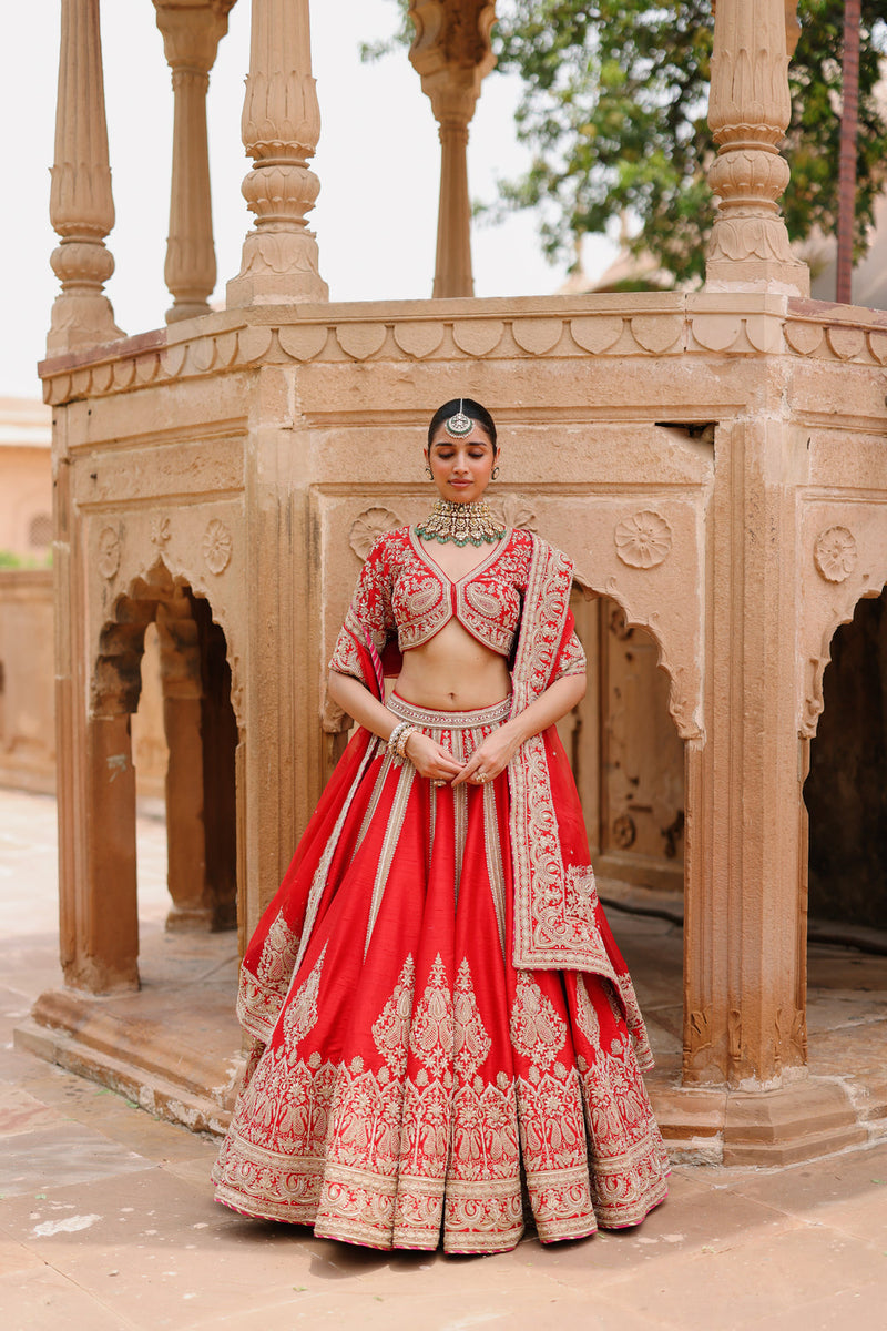 Mahroz-Deep Red Lehenga Set With Blouse And Dupatta raw silk, silk organza lehenga sets by SHEETAL BATRA in red for women in Singapore