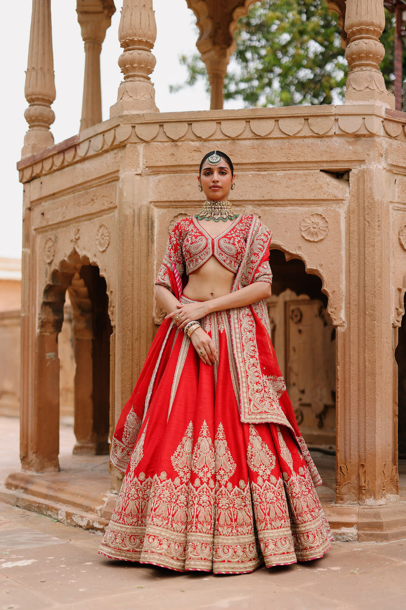 Mahroz-Deep Red Lehenga Set With Blouse And Dupatta raw silk, silk organza lehenga sets by SHEETAL BATRA in red for women in Singapore