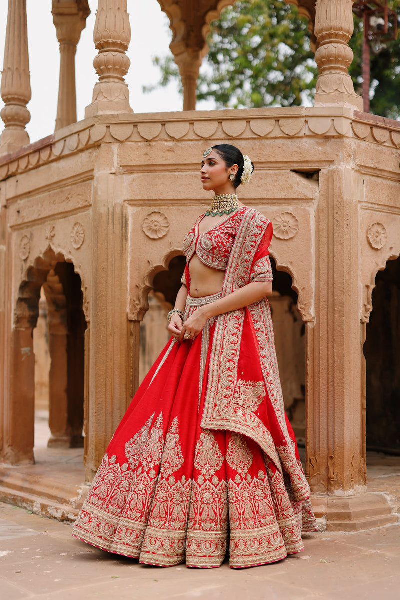 Mahroz-Deep Red Lehenga Set With Blouse And Dupatta raw silk, silk organza lehenga sets by SHEETAL BATRA in red for women in Singapore