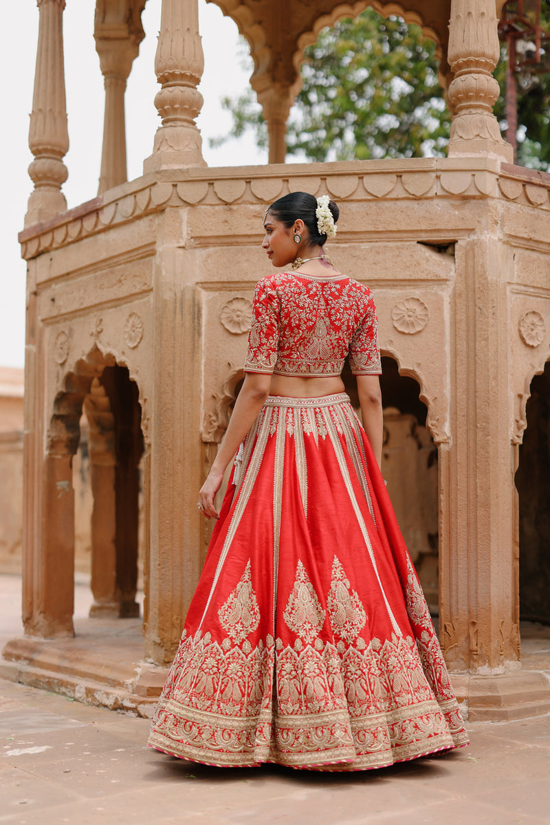 Mahroz-Deep Red Lehenga Set With Blouse And Dupatta raw silk, silk organza lehenga sets by SHEETAL BATRA in red for women in Singapore