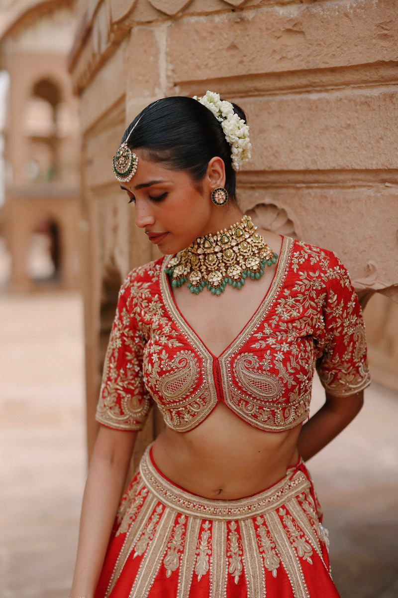 Mahroz-Deep Red Lehenga Set With Blouse And Dupatta raw silk, silk organza lehenga sets by SHEETAL BATRA in red for women in Singapore
