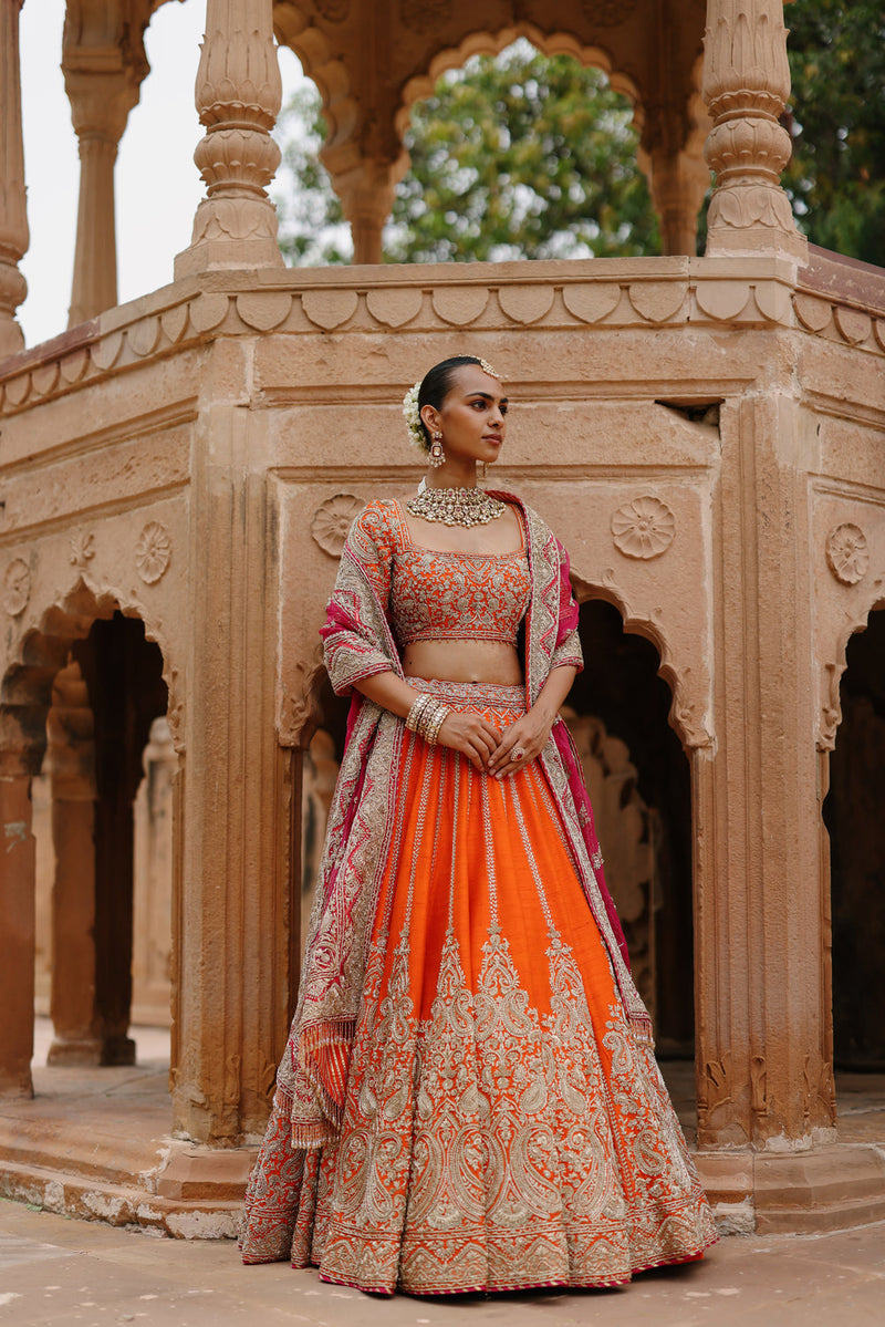 Nagma-Orange Lehenga Set With Blouse And Hot Pink Dupatta raw silk lehenga sets by SHEETAL BATRA in orange, pink for women in Singapore