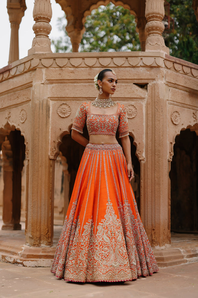 Nagma-Orange Lehenga Set With Blouse And Hot Pink Dupatta raw silk lehenga sets by SHEETAL BATRA in orange, pink for women in Singapore