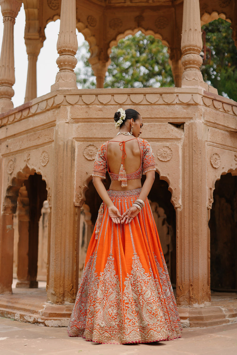 Nagma-Orange Lehenga Set With Blouse And Hot Pink Dupatta raw silk lehenga sets by SHEETAL BATRA in orange, pink for women in Singapore