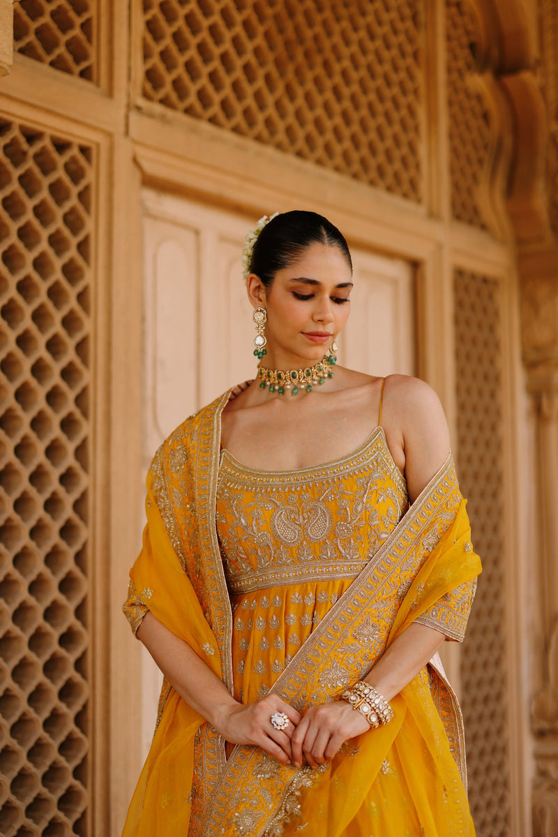 Afraa-Mustard Anarkali Set With Palazzo And Dupatta silk chanderi, silk organza kurta/kurta set by SHEETAL BATRA in mustard for women in Singapore