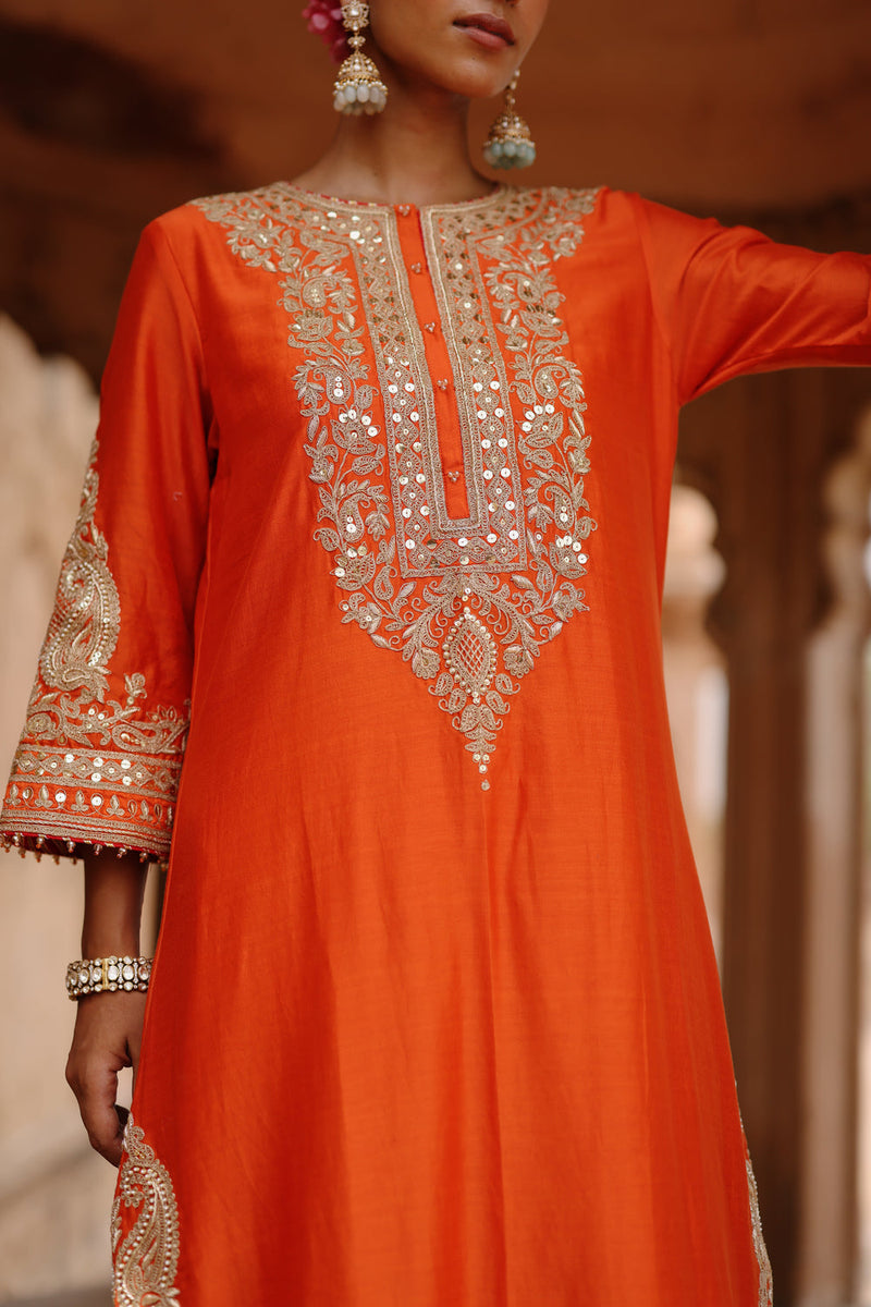Umaira-Burnt Orange Long Kurta Set With Salwar And Dupatta silk chanderi, silk organza kurta/kurta set by SHEETAL BATRA in orange for women in Singapore