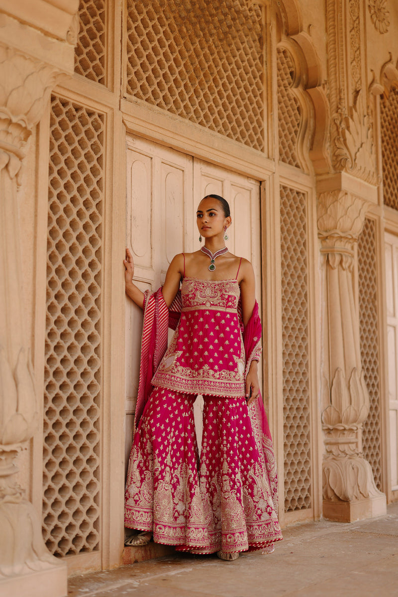 Nisbat-Hot Pink Kurta Set With Garara And Dupatta silk chanderi, silk organza kurta/kurta set by SHEETAL BATRA in pink for women in Singapore