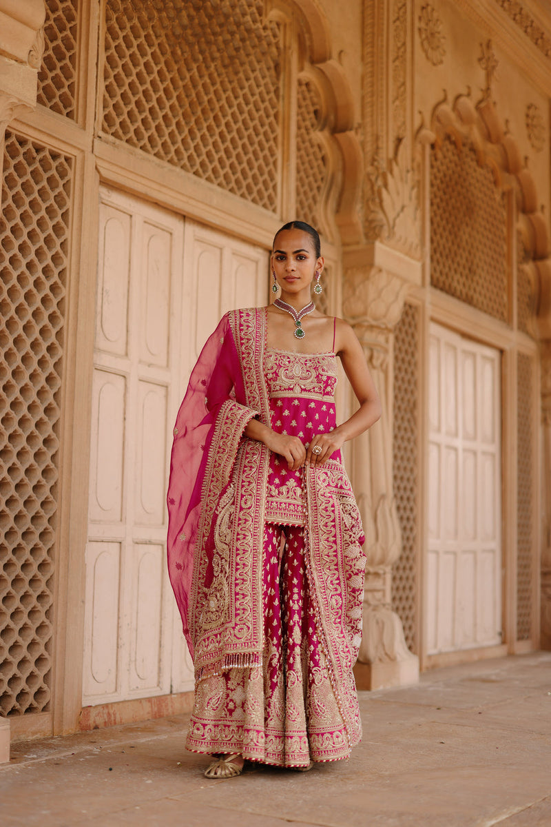 Nisbat-Hot Pink Kurta Set With Garara And Dupatta silk chanderi, silk organza kurta/kurta set by SHEETAL BATRA in pink for women in Singapore