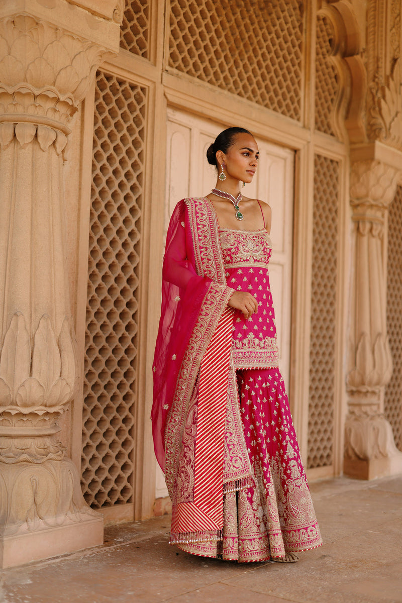 Nisbat-Hot Pink Kurta Set With Garara And Dupatta silk chanderi, silk organza kurta/kurta set by SHEETAL BATRA in pink for women in Singapore
