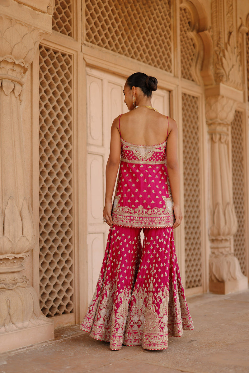 Nisbat-Hot Pink Kurta Set With Garara And Dupatta silk chanderi, silk organza kurta/kurta set by SHEETAL BATRA in pink for women in Singapore