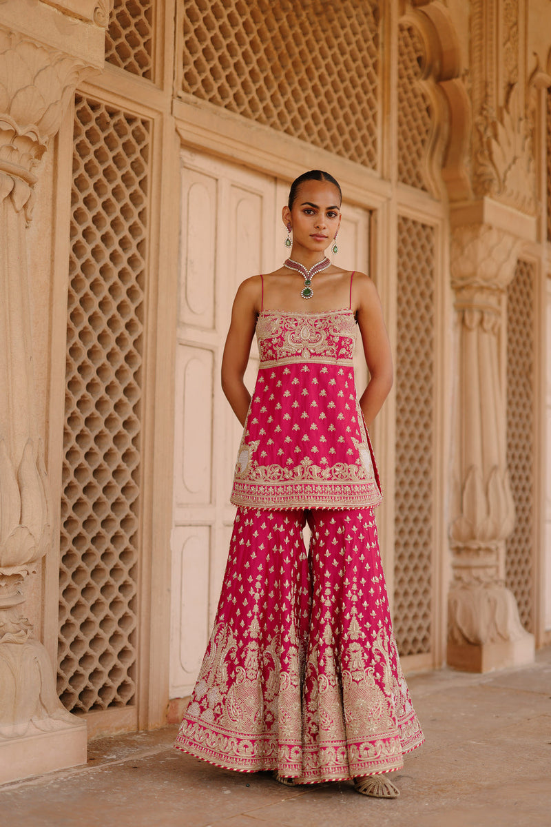 Nisbat-Hot Pink Kurta Set With Garara And Dupatta silk chanderi, silk organza kurta/kurta set by SHEETAL BATRA in pink for women in Singapore