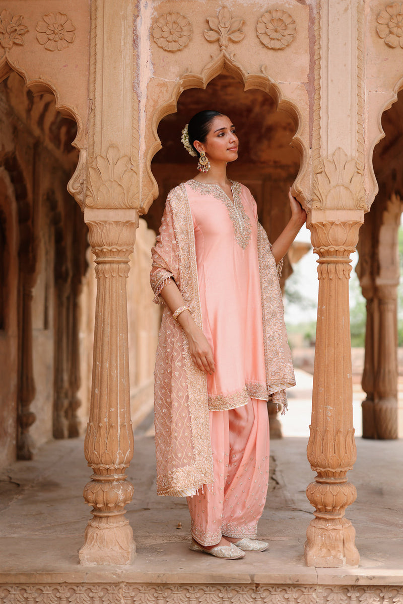 Maham-Pink Anarkali Set With Salwar And Dupatta silk chanderi, silk organza kurta/kurta set by SHEETAL BATRA in pink for women in Singapore