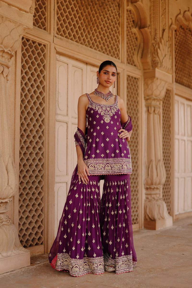 Shahbano-Deep Purple Kurta Set With Garara And Dupatta silk chanderi, silk organza kurta/kurta set by SHEETAL BATRA in purple for women in Singapore