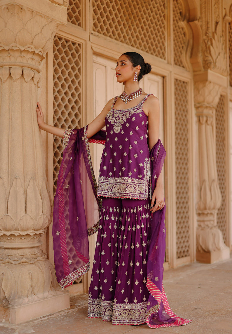 Shahbano-Deep Purple Kurta Set With Garara And Dupatta silk chanderi, silk organza kurta/kurta set by SHEETAL BATRA in purple for women in Singapore