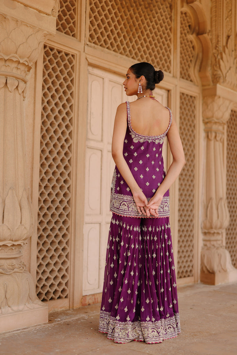 Shahbano-Deep Purple Kurta Set With Garara And Dupatta silk chanderi, silk organza kurta/kurta set by SHEETAL BATRA in purple for women in Singapore