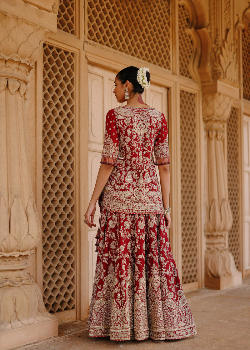 Merab-Deep Red Kurta Set With Lehenga And Dupatta silk chanderi, tissue lehenga sets by SHEETAL BATRA in red, yellow for women in Singapore
