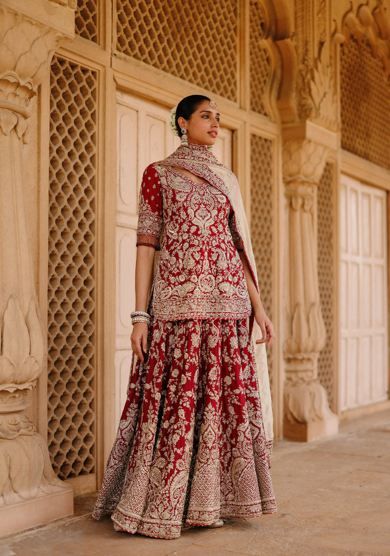 Merab-Deep Red Kurta Set With Lehenga And Dupatta silk chanderi, tissue lehenga sets by SHEETAL BATRA in red, yellow for women in Singapore