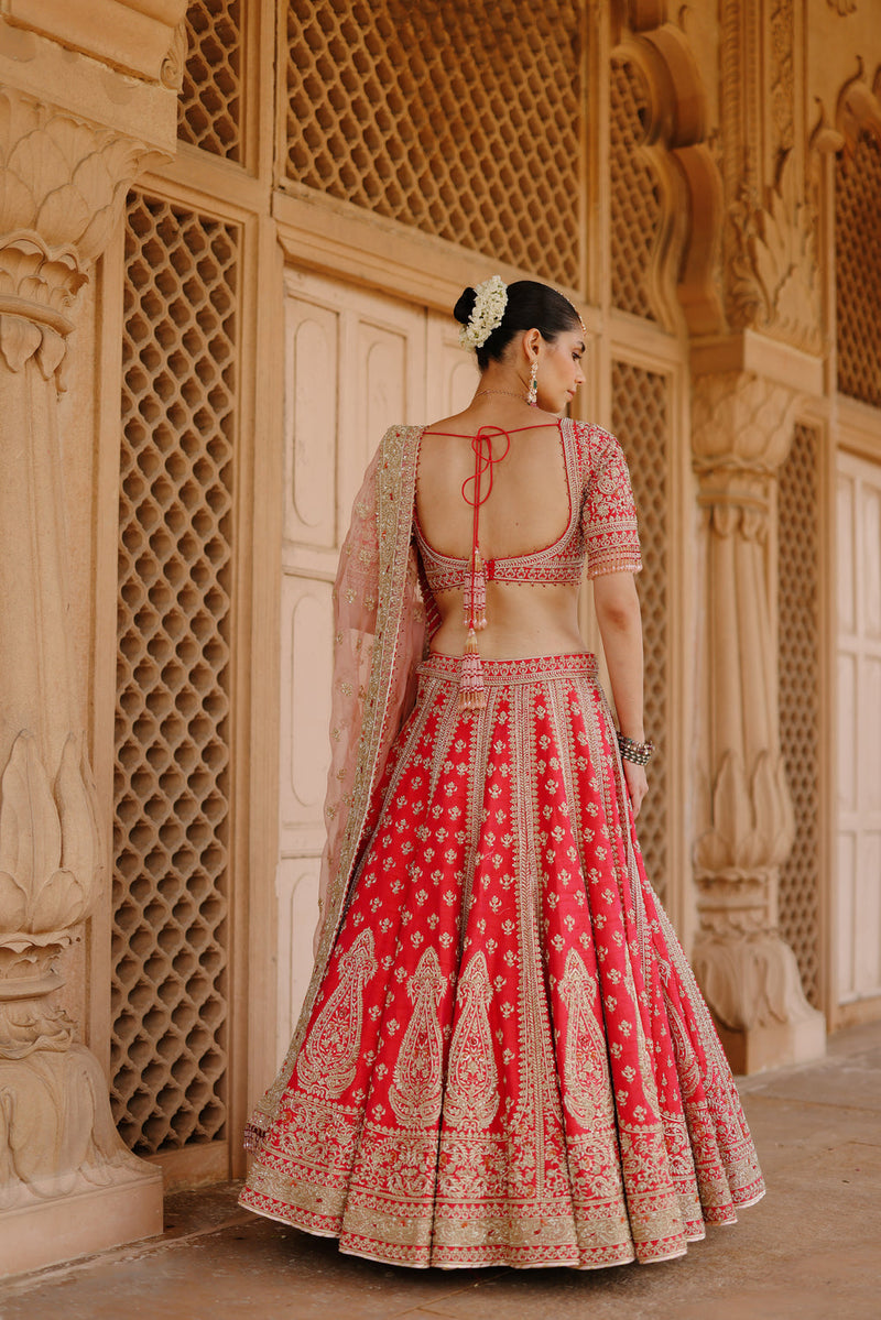 Nusrat-Hot Pink Kali-In-Kali Lehenga Set With Blouse And Dupatta raw silk, silk organza lehenga sets by SHEETAL BATRA in pink for women in Singapore