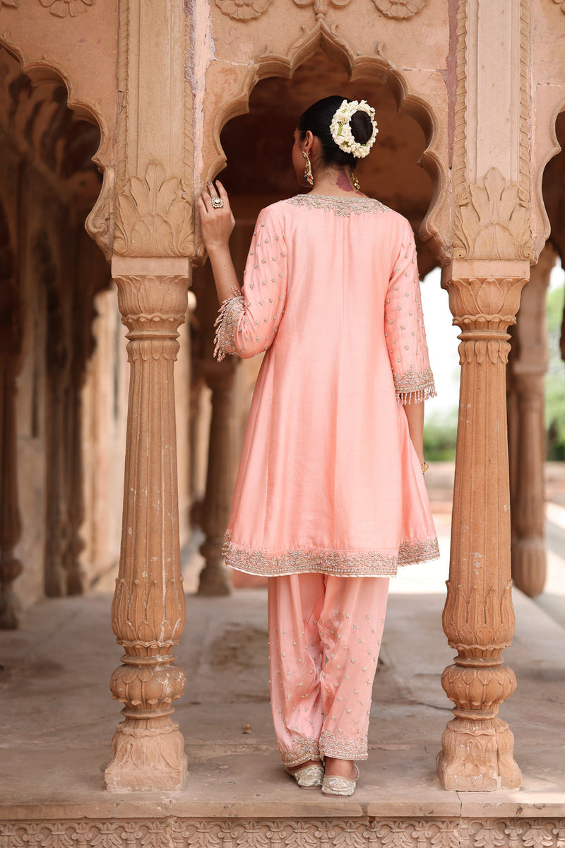 Maham-Pink Anarkali Set With Salwar And Dupatta silk chanderi, silk organza kurta/kurta set by SHEETAL BATRA in pink for women in Singapore