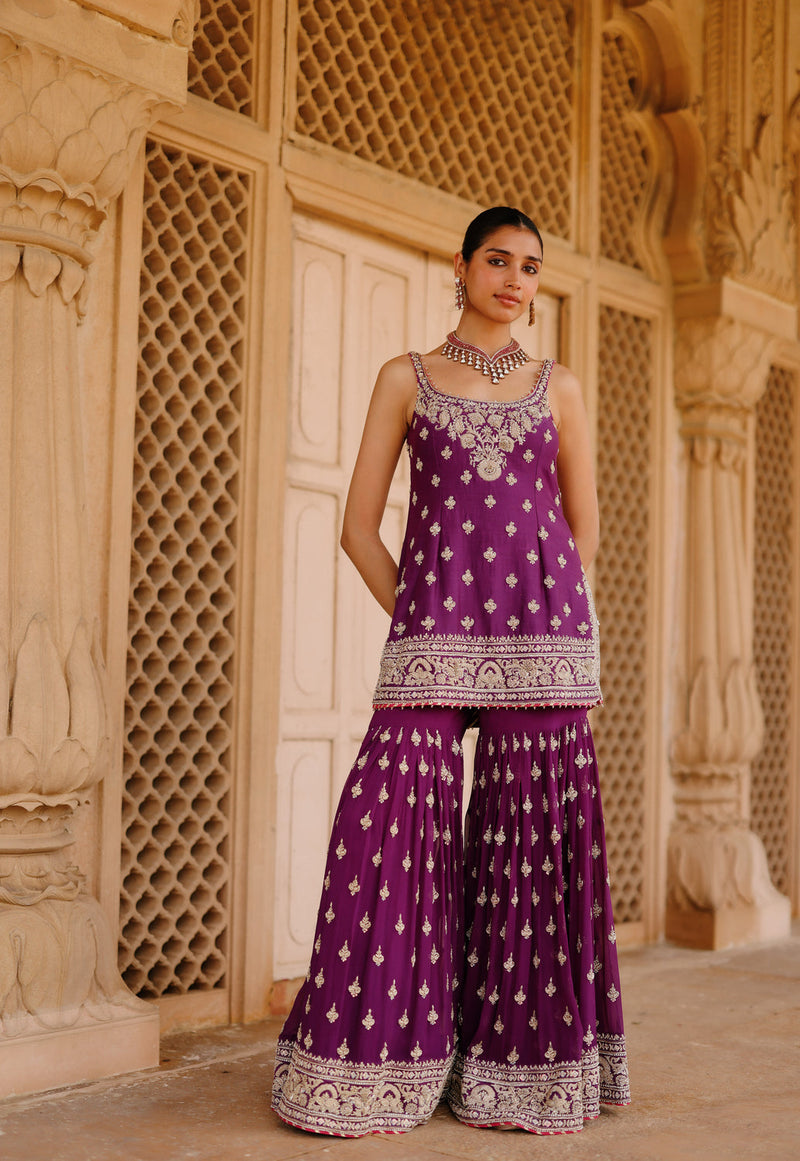 Shahbano-Deep Purple Kurta Set With Garara And Dupatta silk chanderi, silk organza kurta/kurta set by SHEETAL BATRA in purple for women in Singapore