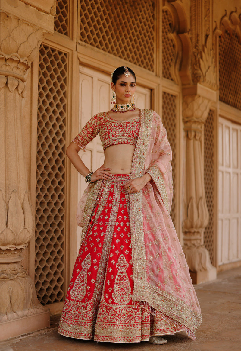Nusrat-Hot Pink Kali-In-Kali Lehenga Set With Blouse And Dupatta raw silk, silk organza lehenga sets by SHEETAL BATRA in pink for women in Singapore