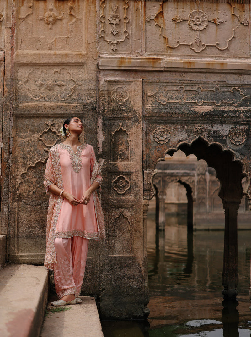 Maham-Pink Anarkali Set With Salwar And Dupatta silk chanderi, silk organza kurta/kurta set by SHEETAL BATRA in pink for women in Singapore