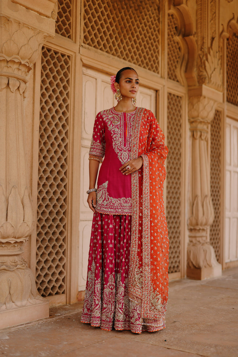 Maysam-Hot Pink Kurta Set With Sharara And Dupatta silk chanderi, silk organza kurta/kurta set by SHEETAL BATRA in pink, orange for women in Singapore