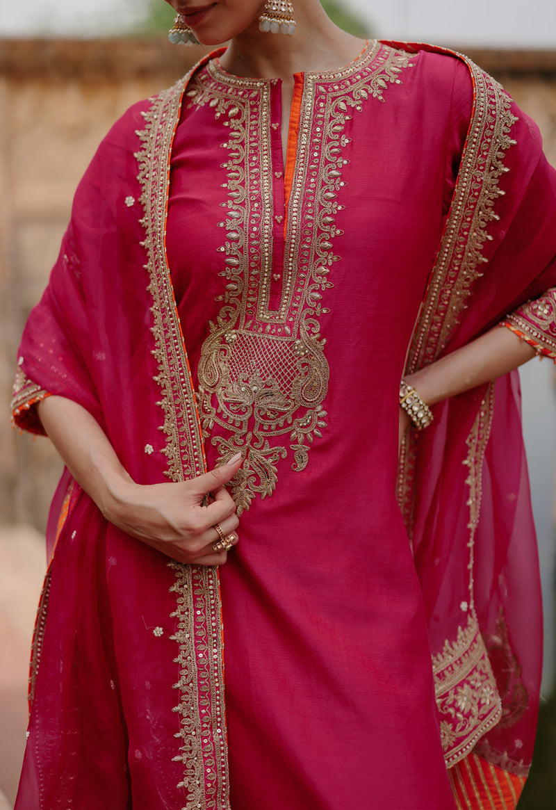 Arwa-Hot Pink Long Kurta Set With Salwar And Dupatta silk chanderi, silk organza kurta/kurta set by SHEETAL BATRA in pink for women in Singapore