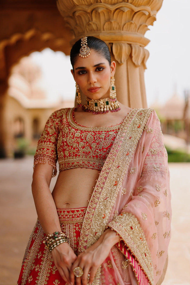 Nusrat-Hot Pink Kali-In-Kali Lehenga Set With Blouse And Dupatta raw silk, silk organza lehenga sets by SHEETAL BATRA in pink for women in Singapore